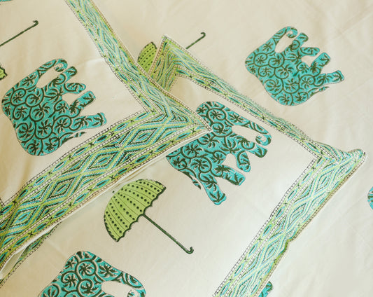 Green Elephant & Tree Hand Block Print Double Bedsheet – 90 × 108 Inches | The Thread Saga
