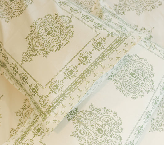 Sage Green Floral Screen Print Double Bedsheet – 90 × 108 Inches | The Thread Saga