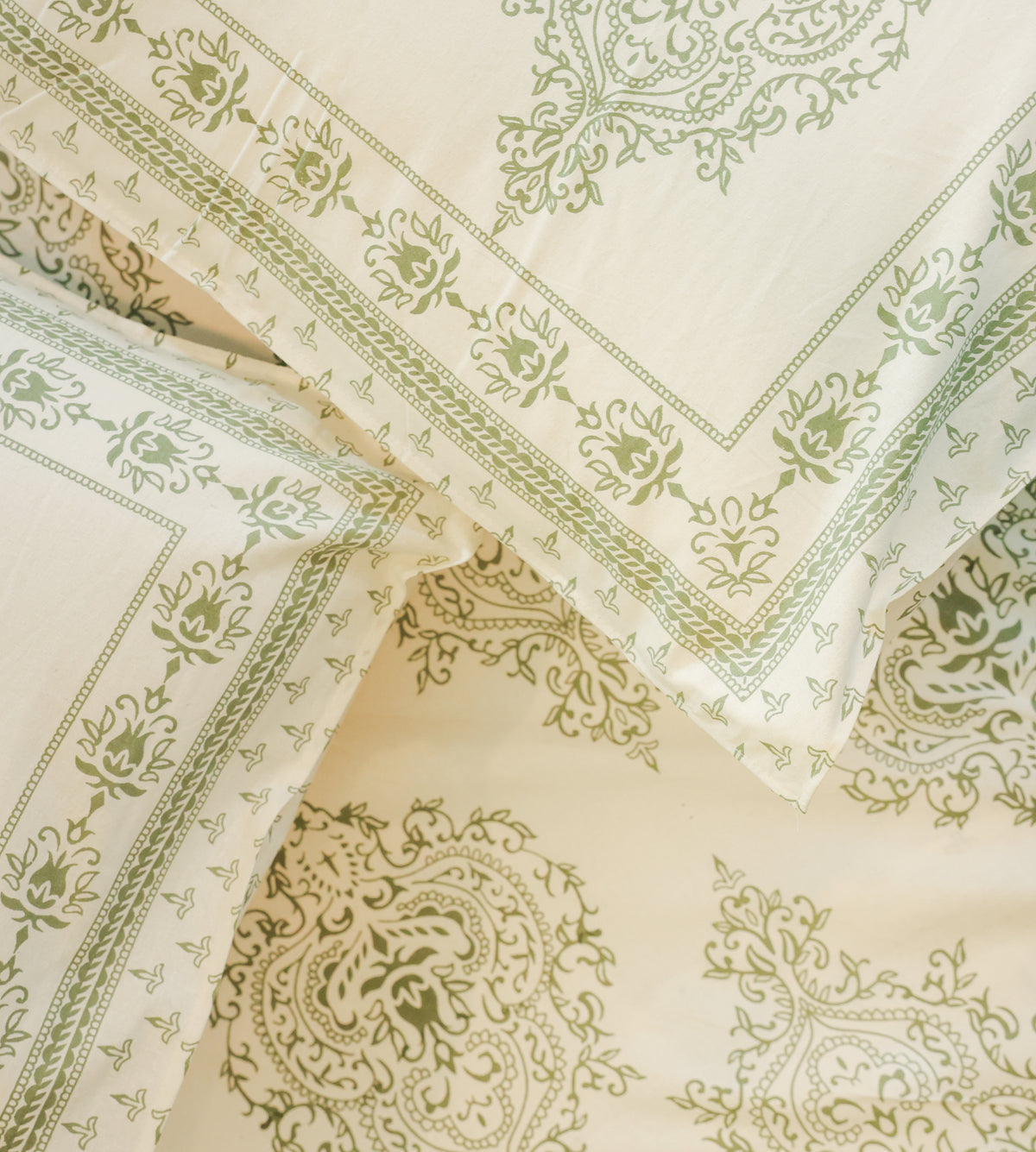Sage Green Floral Screen Print Double Bedsheet – 90 × 108 Inches | The Thread Saga