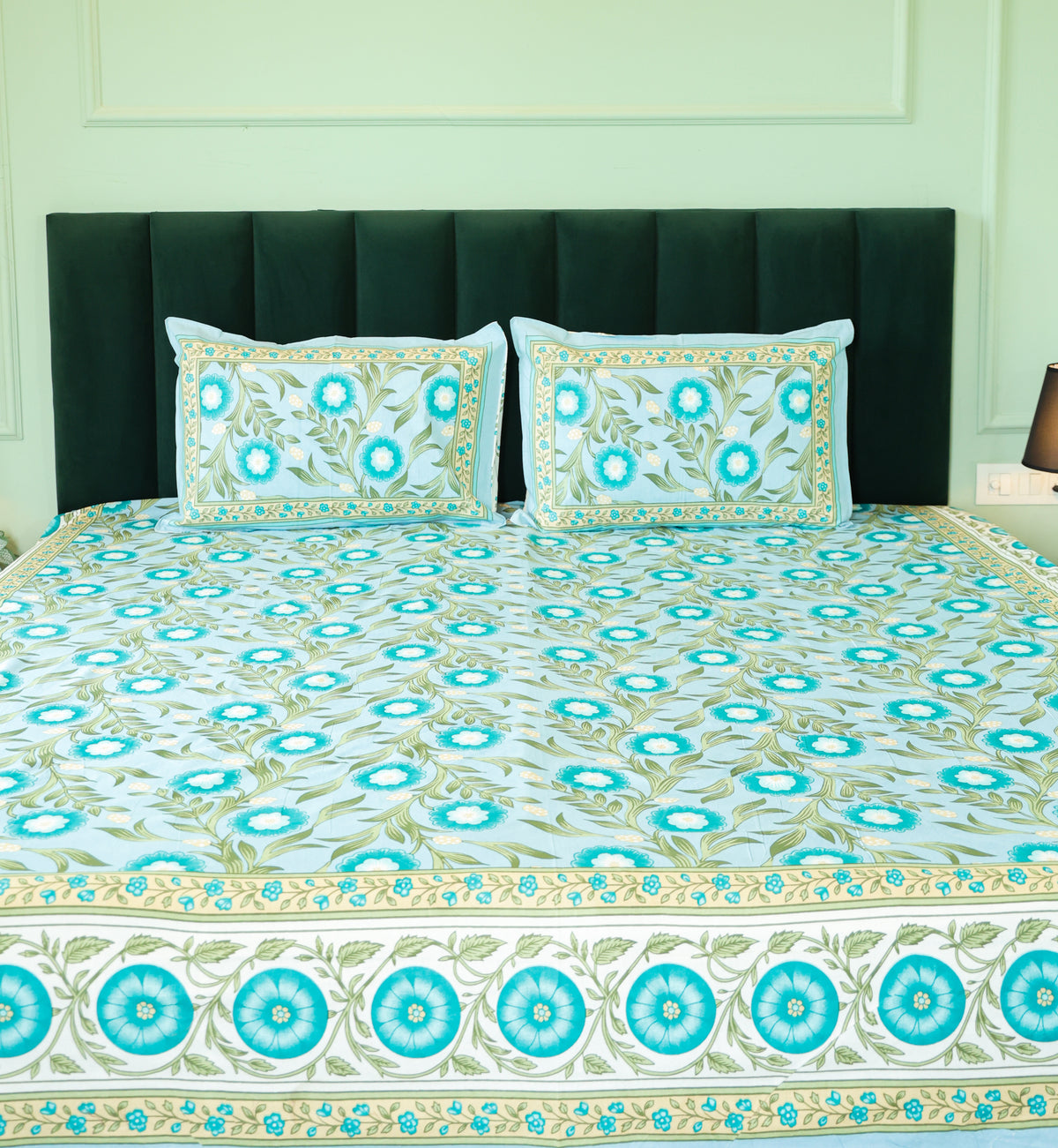 Turquoise Floral Print Cotton Double Bedsheet – 90 × 108 Inches | The Thread Saga