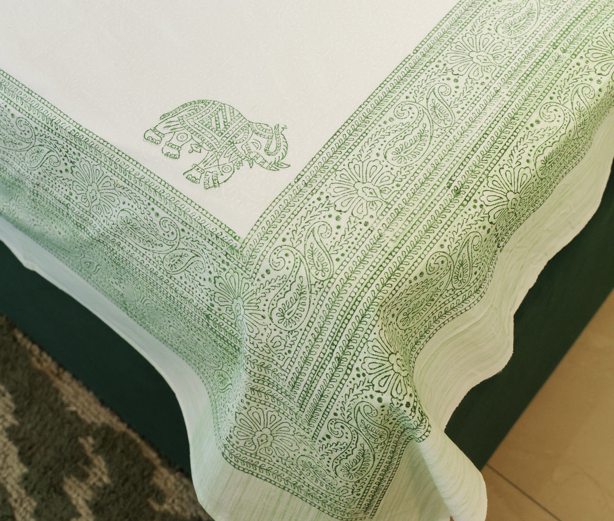 Sage Green Elephant Print Double Bedsheet – 90 × 108 Inches | The Thread Saga