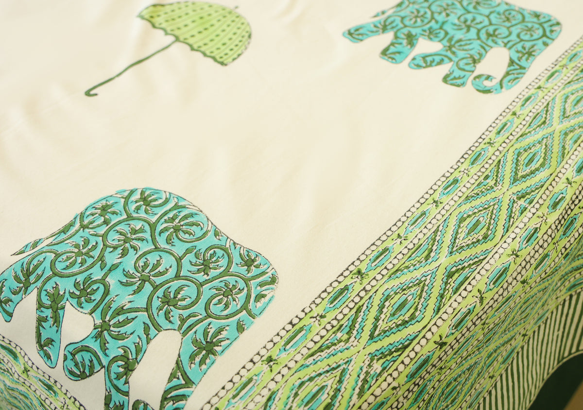 Green Elephant & Tree Hand Block Print Double Bedsheet – 90 × 108 Inches | The Thread Saga