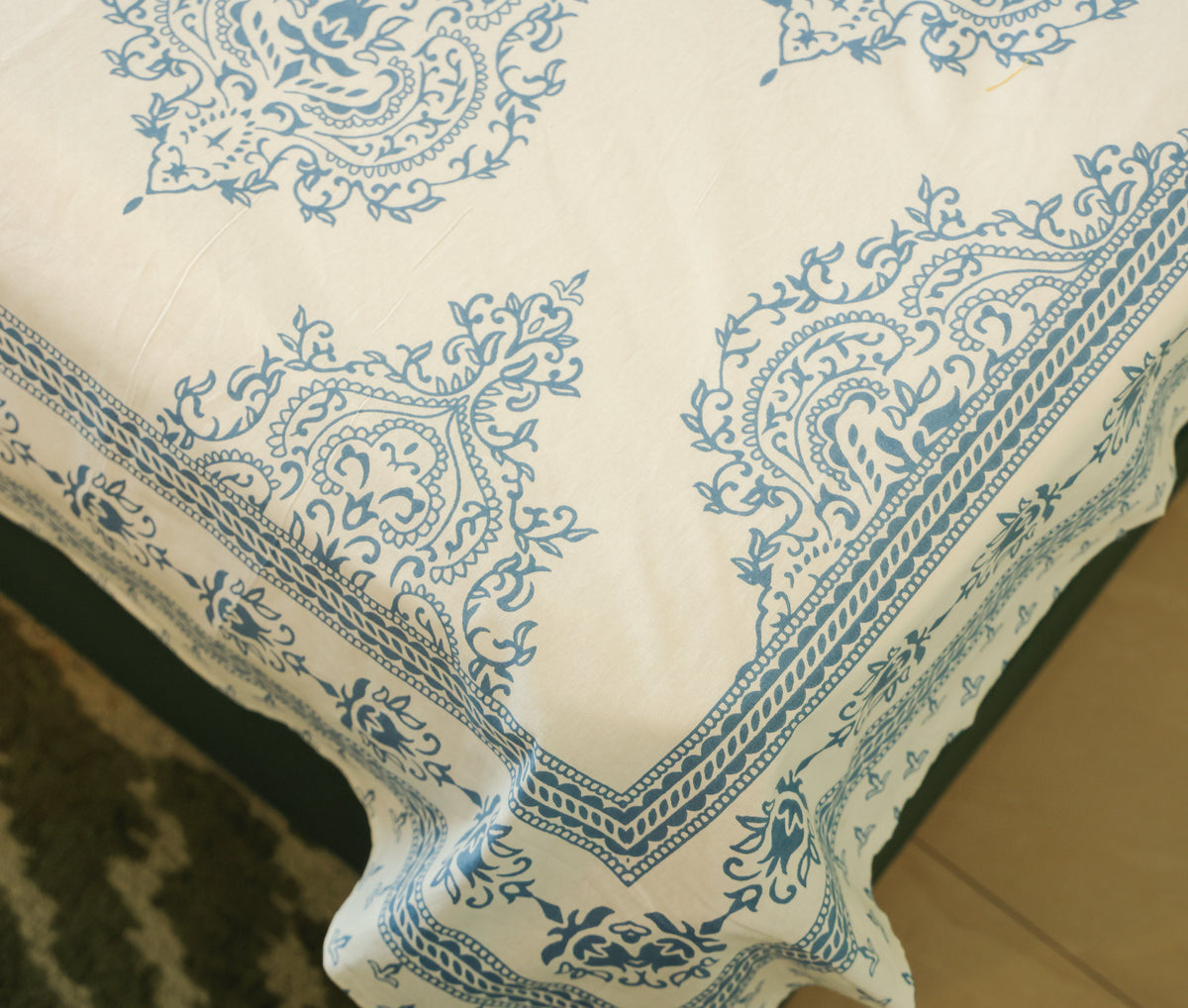 Blue Floral Buta Screen Print Cotton Double Bedsheet – 90 × 108 Inches | The Thread Saga