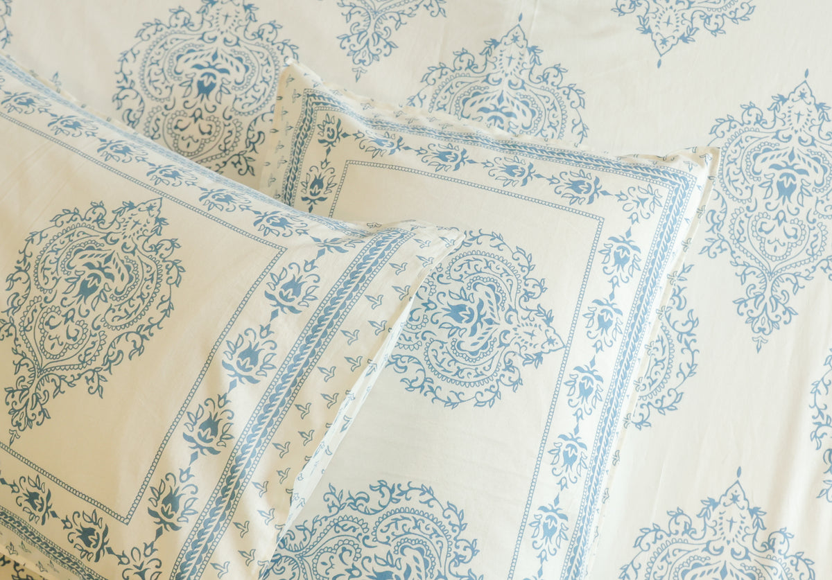 Blue Floral Buta Screen Print Cotton Double Bedsheet – 90 × 108 Inches | The Thread Saga