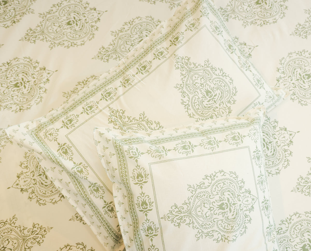 Sage Green Floral Screen Print Double Bedsheet – 90 × 108 Inches | The Thread Saga
