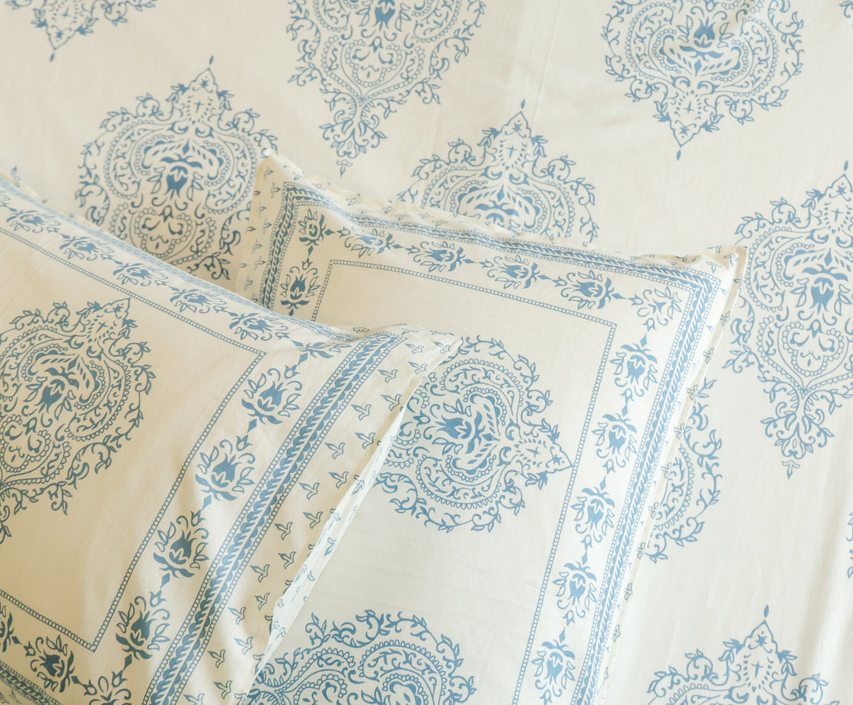 Blue Floral Buta Screen Print Cotton Double Bedsheet – 90 × 108 Inches | The Thread Saga