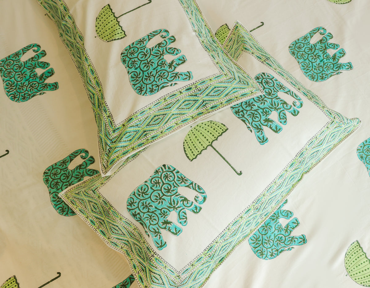 Green Elephant & Tree Hand Block Print Double Bedsheet – 90 × 108 Inches | The Thread Saga
