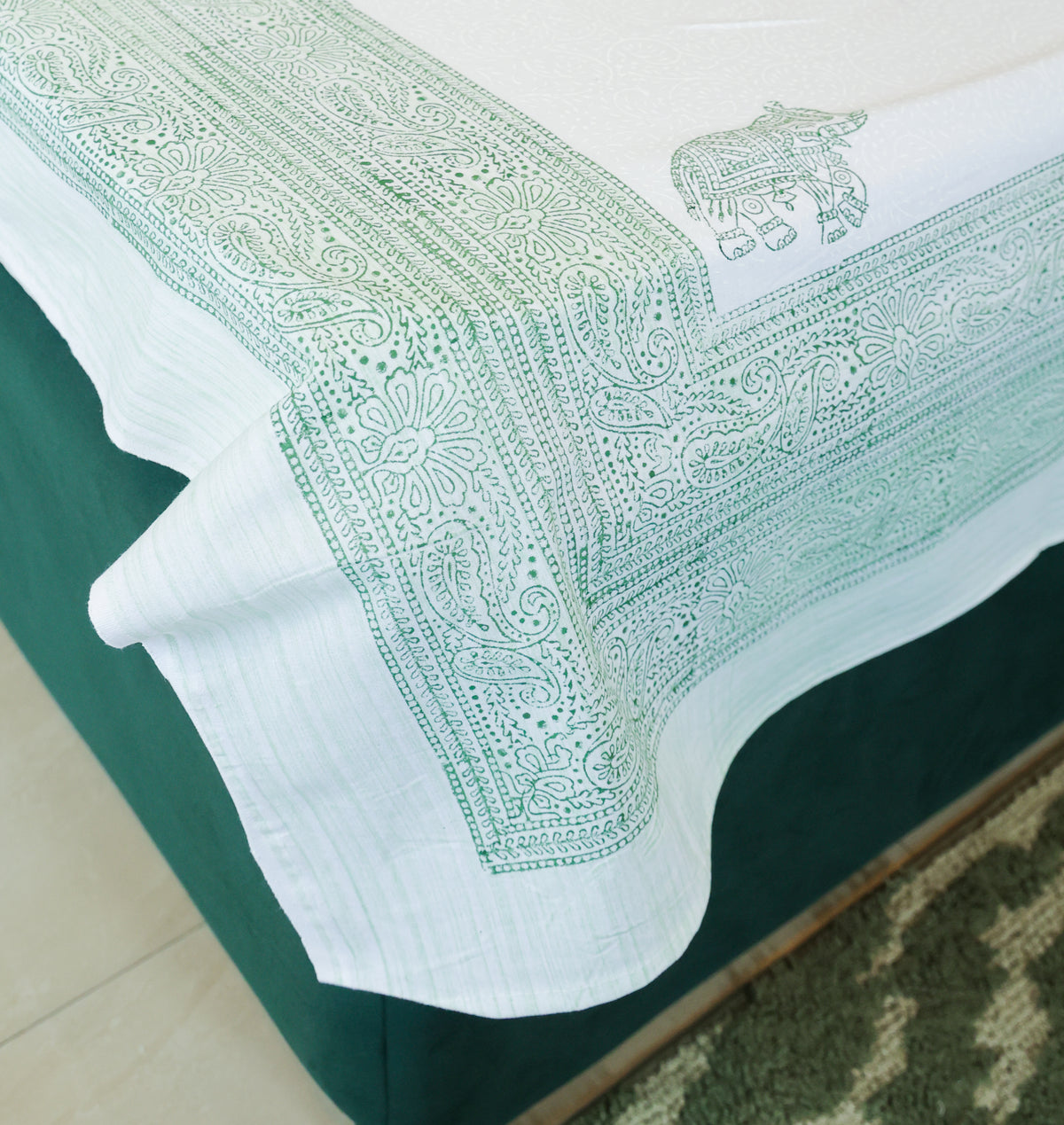 Sage Green Elephant Print Double Bedsheet – 90 × 108 Inches | The Thread Saga