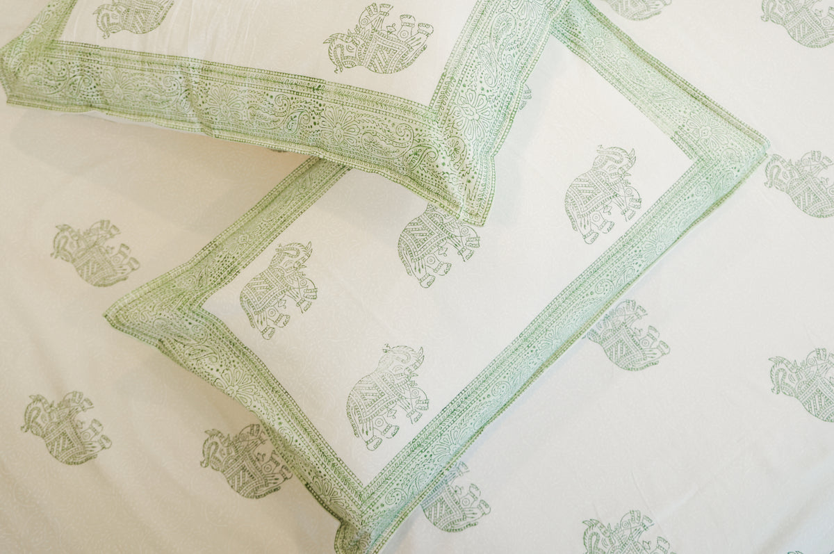 Sage Green Elephant Print Double Bedsheet – 90 × 108 Inches | The Thread Saga
