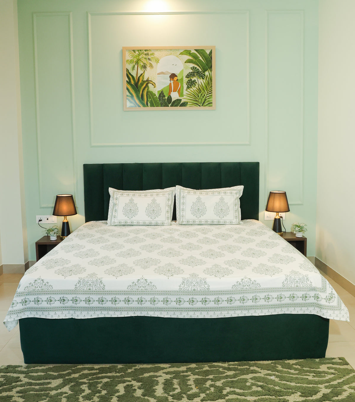 Sage Green Floral Screen Print Double Bedsheet – 90 × 108 Inches | The Thread Saga