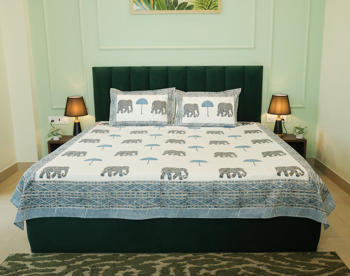 Blue Elephant & Umbrella Hand Block Print Double Bedsheet – 90 × 108 Inches | The Thread Saga