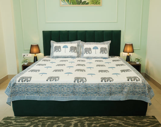 Blue Elephant & Umbrella Hand Block Print Double Bedsheet – 90 × 108 Inches | The Thread Saga