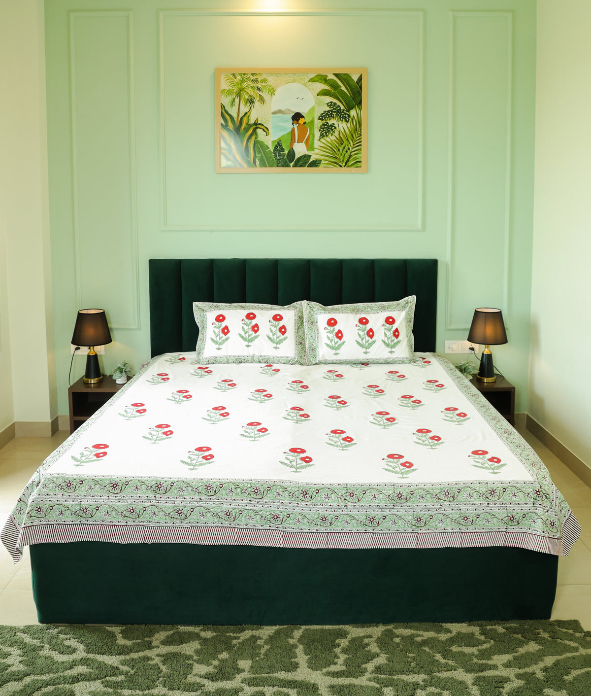 Red Floral Print Cotton Double Bedsheet – 90 × 108 Inches | The Thread Saga