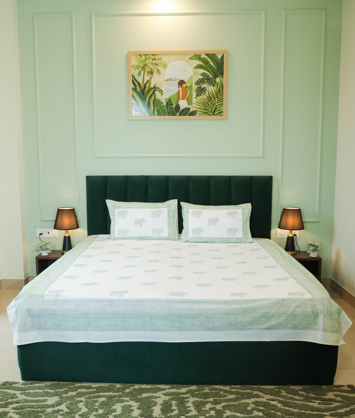 Sage Green Elephant Print Double Bedsheet – 90 × 108 Inches | The Thread Saga