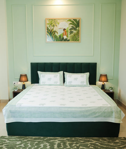 Sage Green Elephant Print Double Bedsheet – 90 × 108 Inches | The Thread Saga