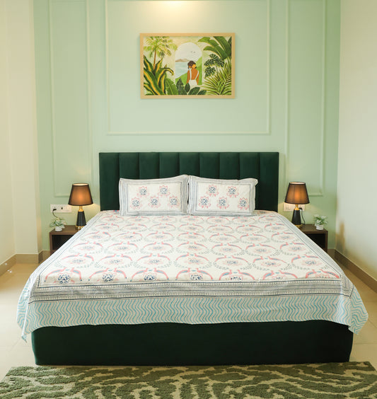 Blue & Pink Floral Hand Block Print Double Bedsheet – 90 × 108 Inches | The Thread Saga