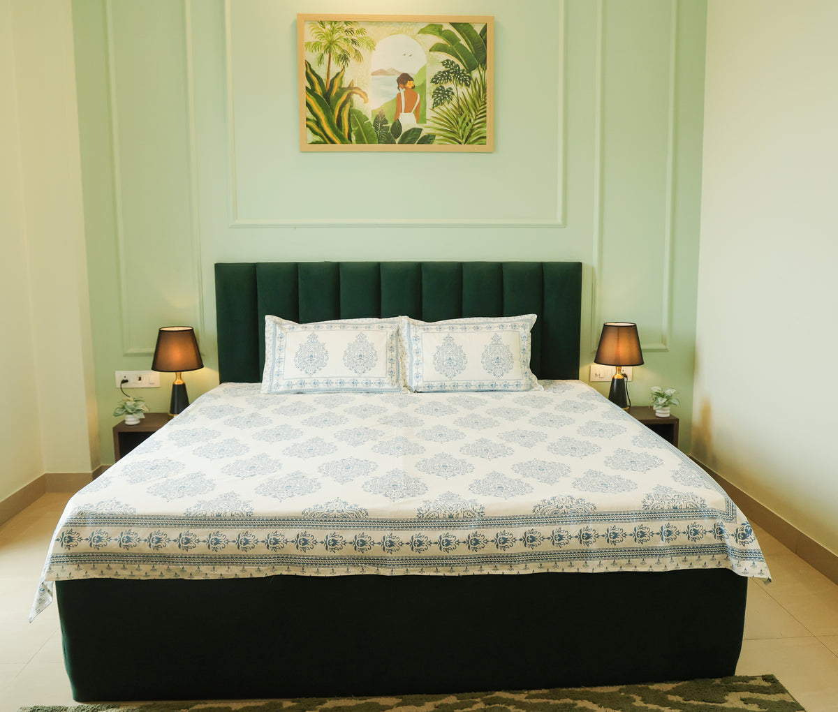 Blue Floral Buta Screen Print Cotton Double Bedsheet – 90 × 108 Inches | The Thread Saga