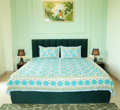 Turquoise Floral Print Cotton Double Bedsheet – 90 × 108 Inches | The Thread Saga