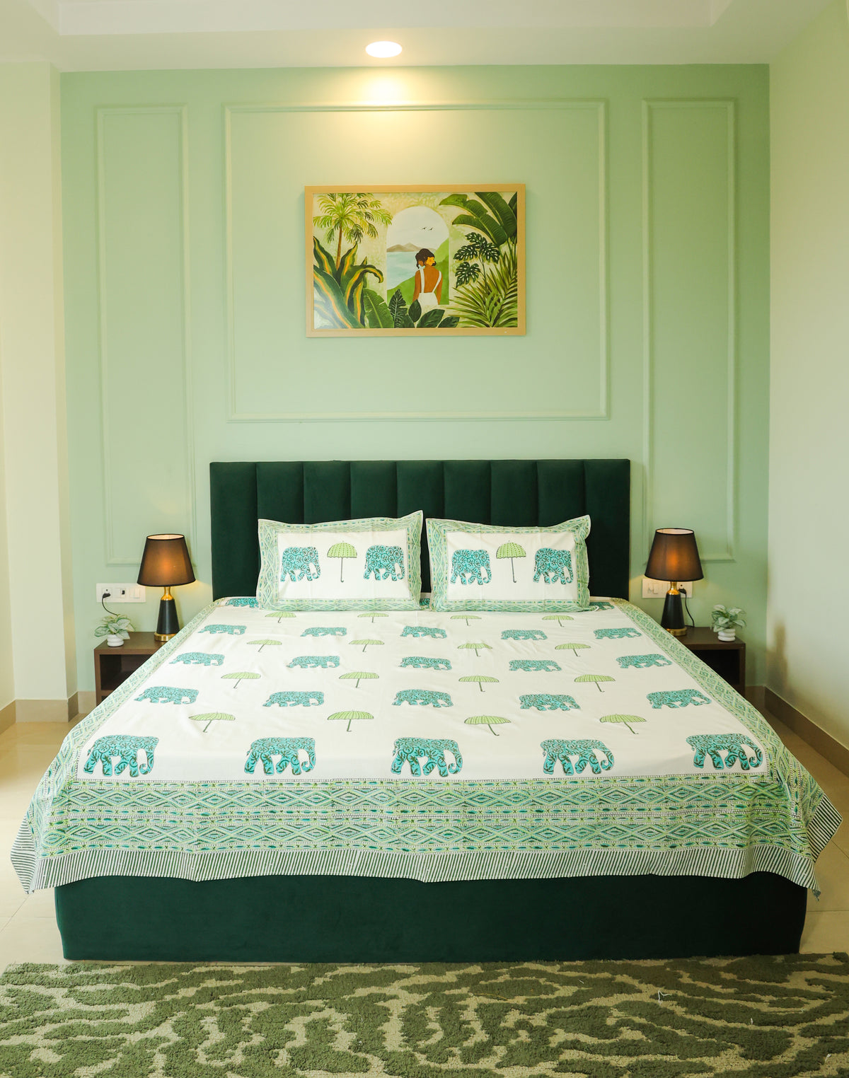 Green Elephant & Tree Hand Block Print Double Bedsheet – 90 × 108 Inches | The Thread Saga
