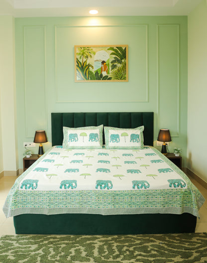 Green Elephant & Tree Hand Block Print Double Bedsheet – 90 × 108 Inches | The Thread Saga