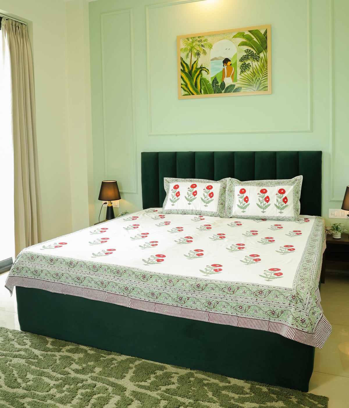 Red Floral Print Cotton Double Bedsheet – 90 × 108 Inches | The Thread Saga