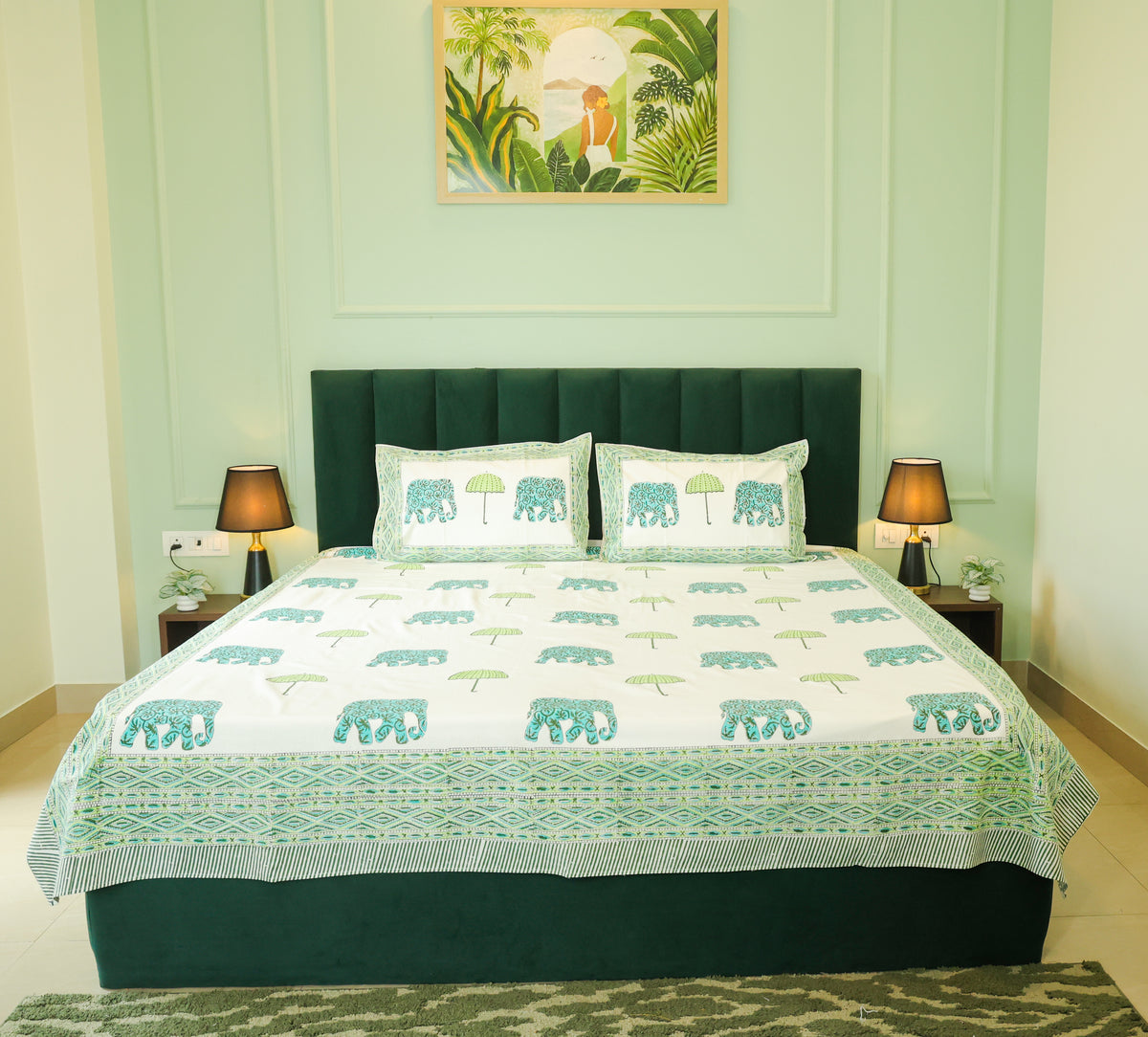 Green Elephant & Tree Hand Block Print Double Bedsheet – 90 × 108 Inches | The Thread Saga