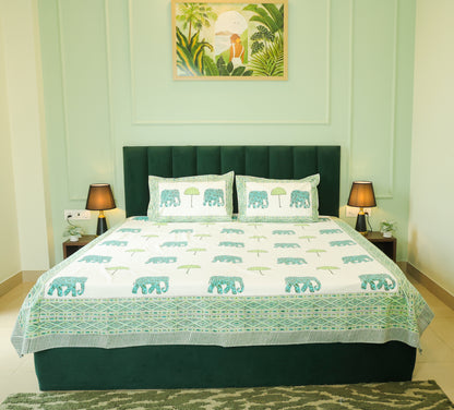 Green Elephant & Tree Hand Block Print Double Bedsheet – 90 × 108 Inches | The Thread Saga