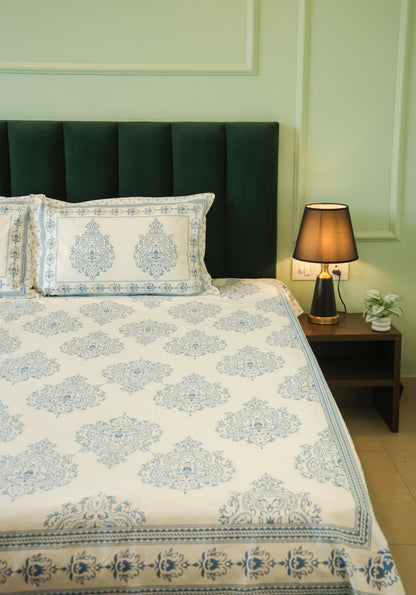 Blue Floral Buta Screen Print Cotton Double Bedsheet – 90 × 108 Inches | The Thread Saga