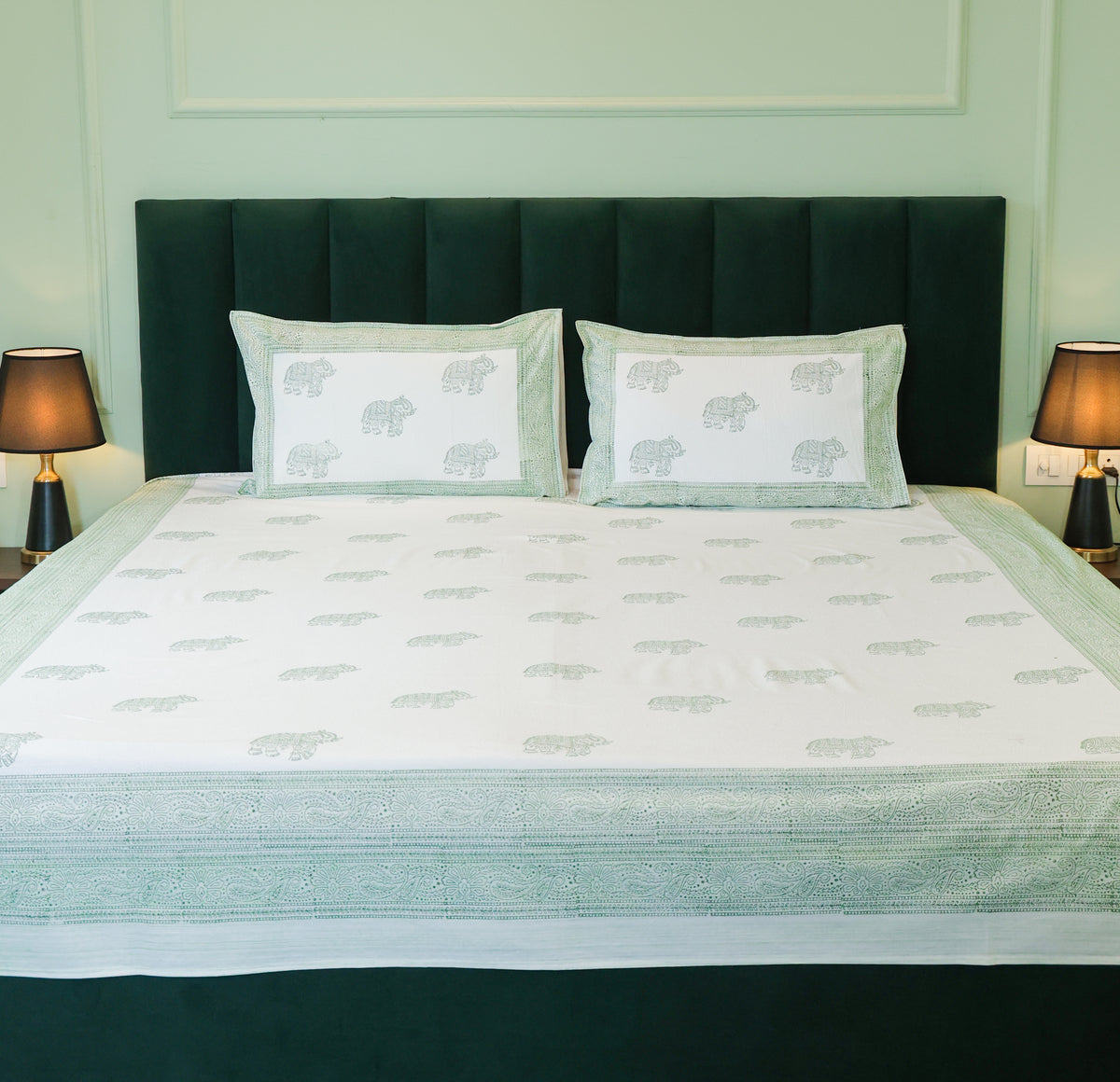 Sage Green Elephant Print Double Bedsheet – 90 × 108 Inches | The Thread Saga