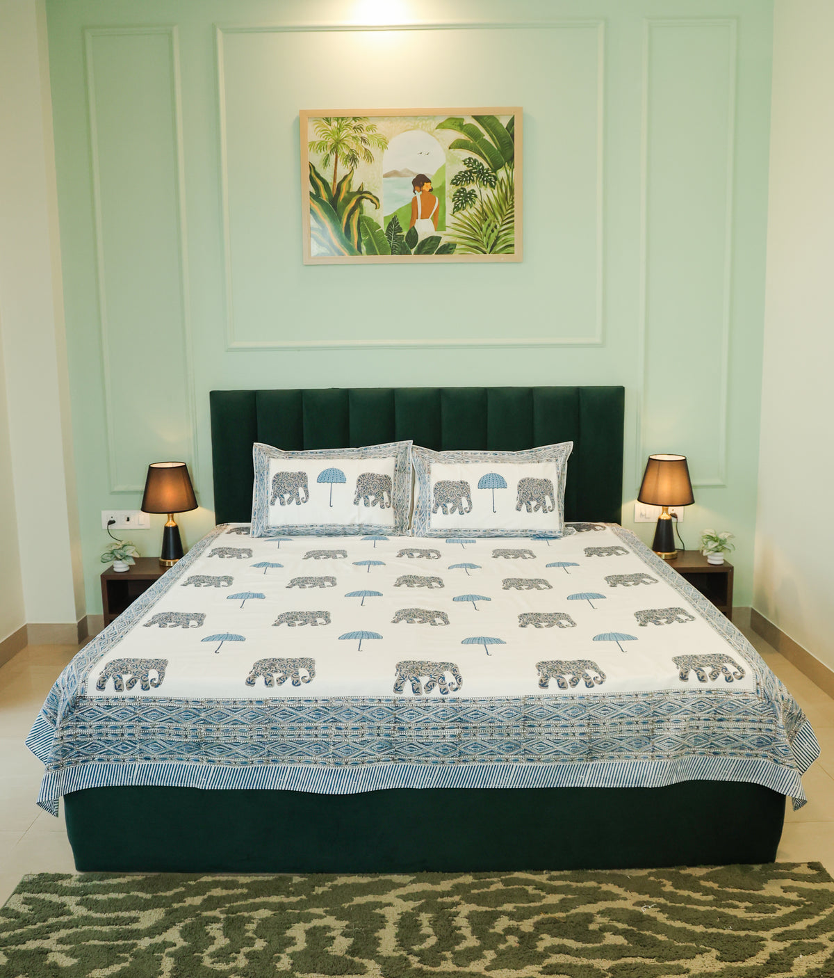 Blue Elephant & Umbrella Hand Block Print Double Bedsheet – 90 × 108 Inches | The Thread Saga