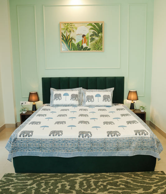 Blue Elephant & Umbrella Hand Block Print Double Bedsheet – 90 × 108 Inches | The Thread Saga
