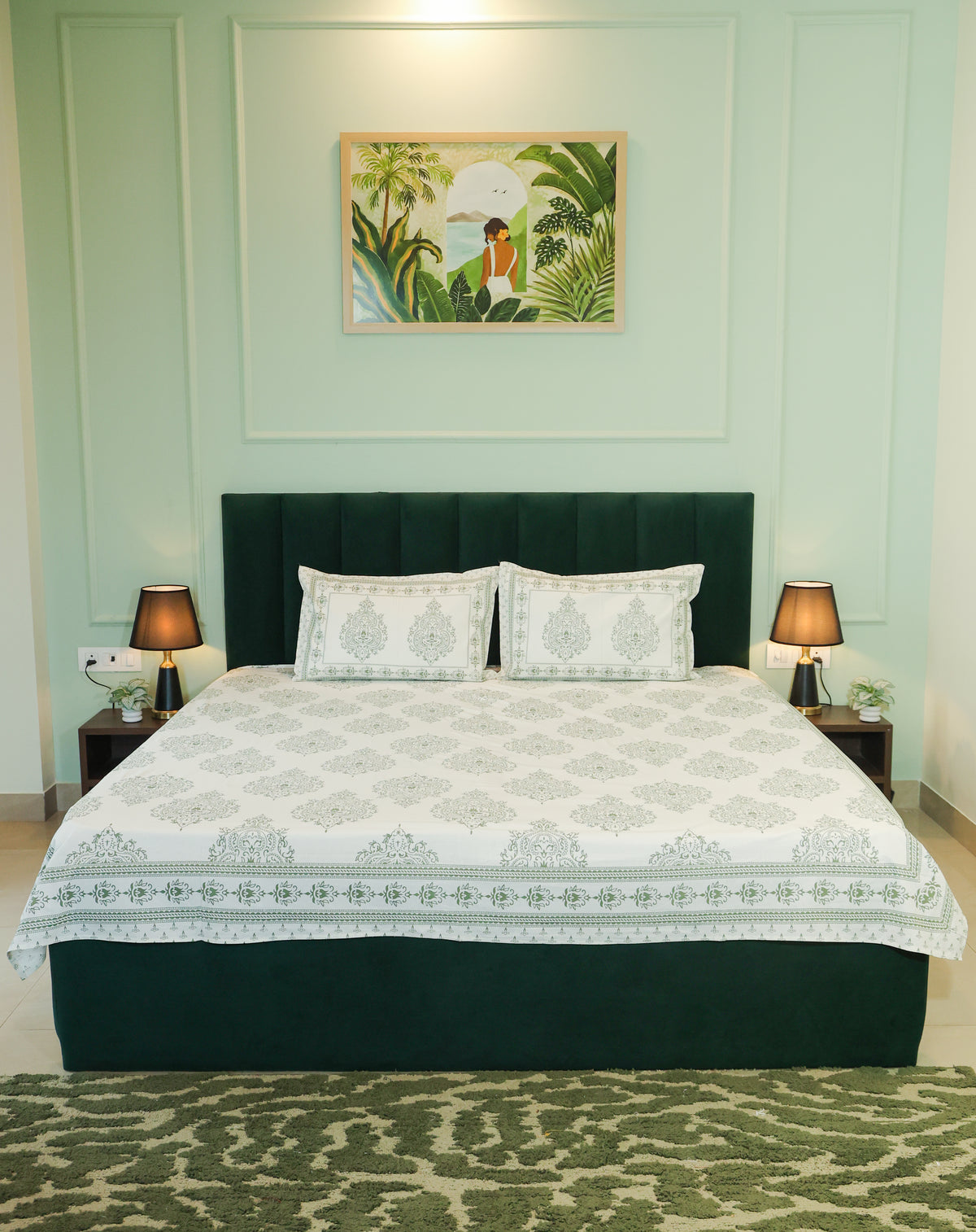 Sage Green Floral Screen Print Double Bedsheet – 90 × 108 Inches | The Thread Saga