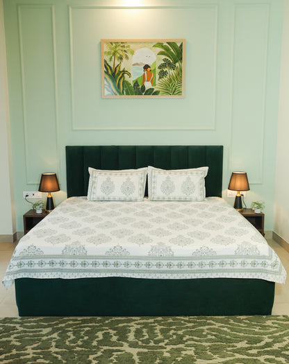 Sage Green Floral Screen Print Double Bedsheet – 90 × 108 Inches | The Thread Saga