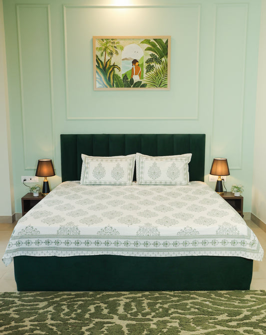Sage Green Floral Screen Print Double Bedsheet – 90 × 108 Inches | The Thread Saga