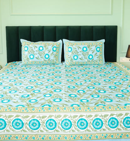 Turquoise Floral Print Cotton Double Bedsheet – 90 × 108 Inches | The Thread Saga