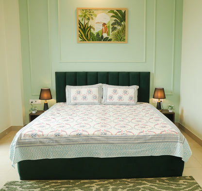 Blue & Pink Floral Hand Block Print Double Bedsheet – 90 × 108 Inches | The Thread Saga
