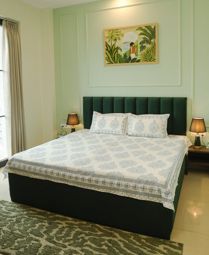 Blue Floral Buta Screen Print Cotton Double Bedsheet – 90 × 108 Inches | The Thread Saga