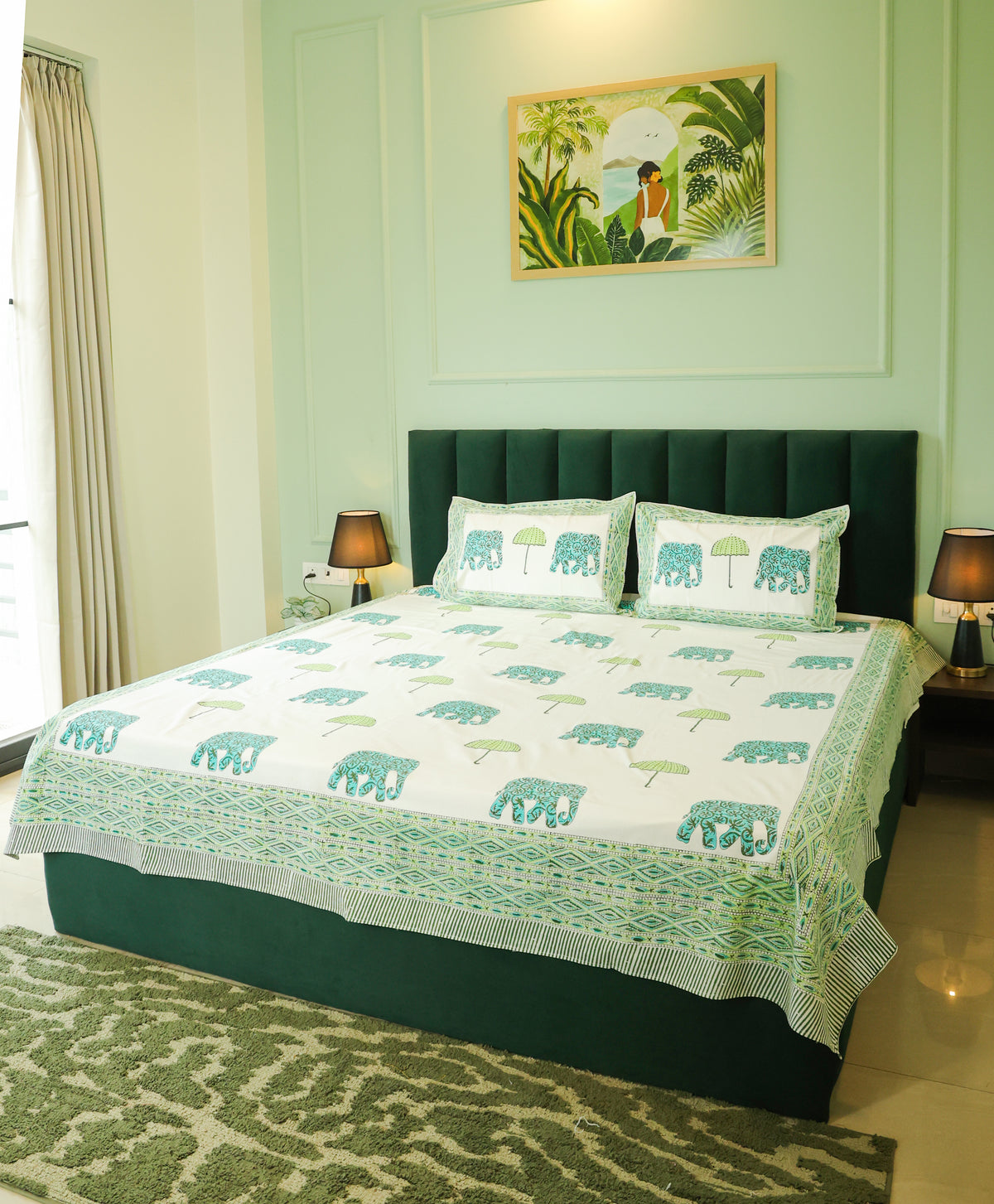Green Elephant & Tree Hand Block Print Double Bedsheet – 90 × 108 Inches | The Thread Saga