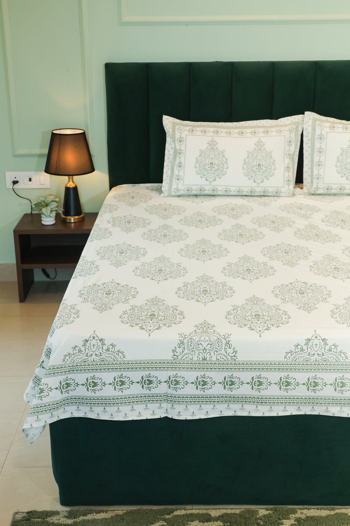 Sage Green Floral Screen Print Double Bedsheet – 90 × 108 Inches | The Thread Saga