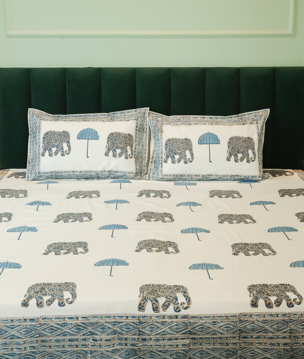 Blue Elephant & Umbrella Hand Block Print Double Bedsheet – 90 × 108 Inches | The Thread Saga