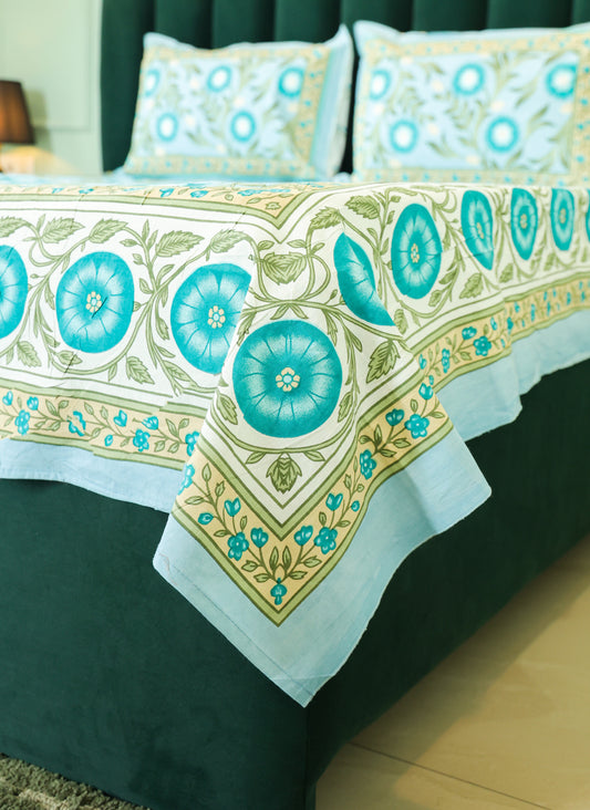Turquoise Floral Print Cotton Double Bedsheet – 90 × 108 Inches | The Thread Saga
