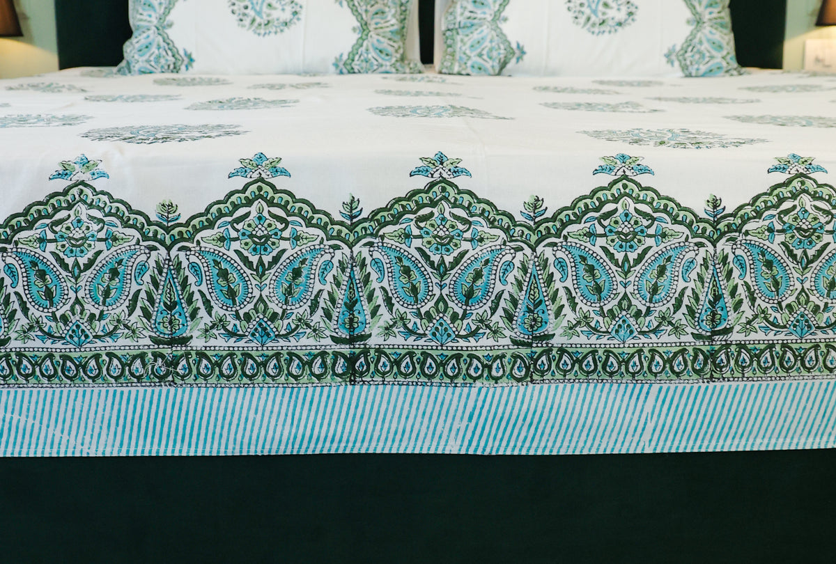 Blue Floral Buta Hand Block Print Double Bedsheet – 90 × 108 Inches | The Thread Saga