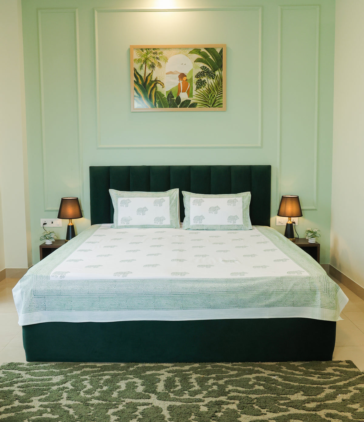 Sage Green Elephant Print Double Bedsheet – 90 × 108 Inches | The Thread Saga