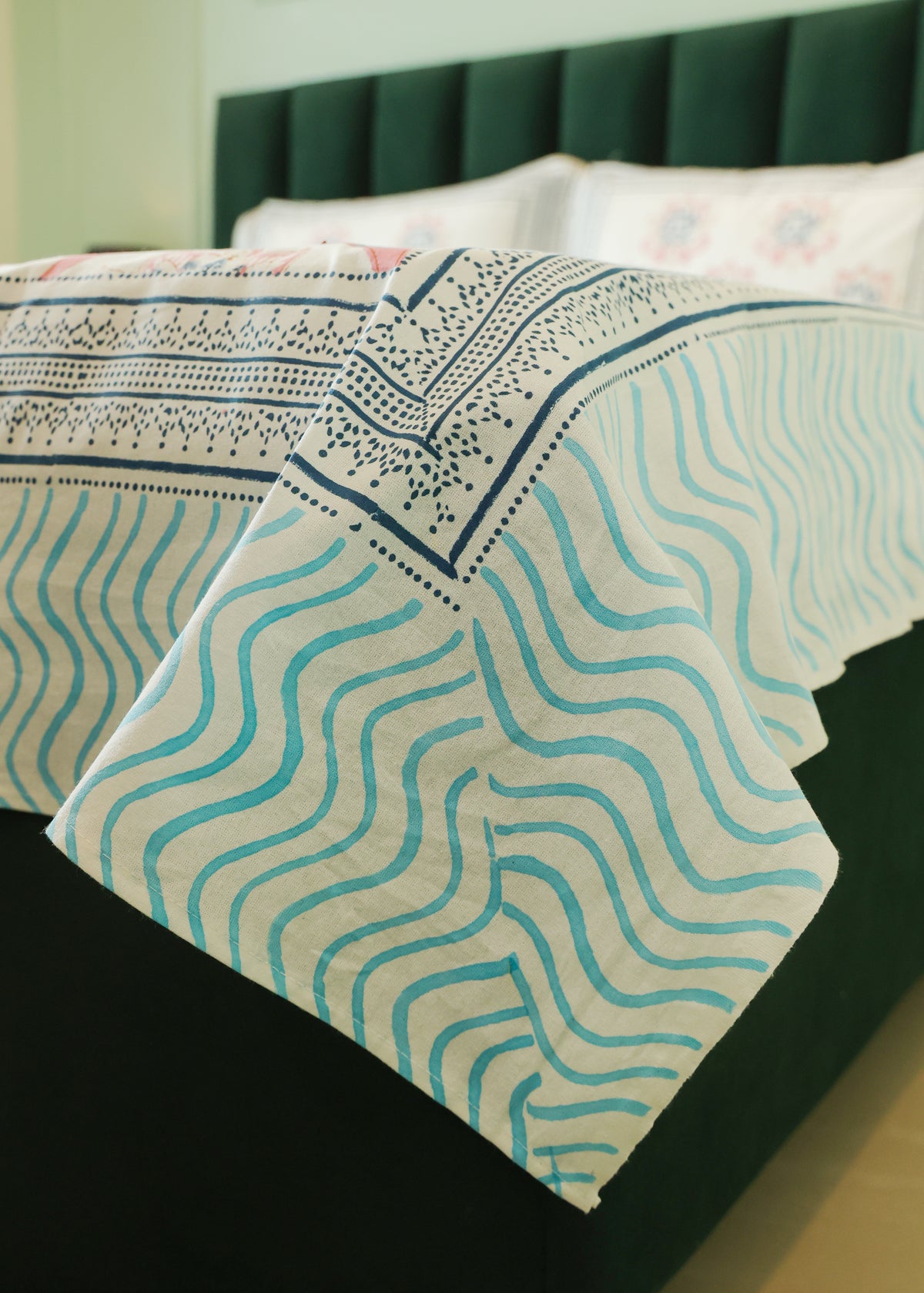 Blue & Pink Floral Hand Block Print Double Bedsheet – 90 × 108 Inches | The Thread Saga