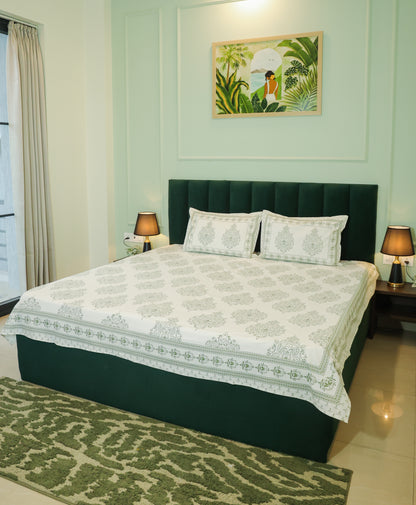 Sage Green Floral Screen Print Double Bedsheet – 90 × 108 Inches | The Thread Saga
