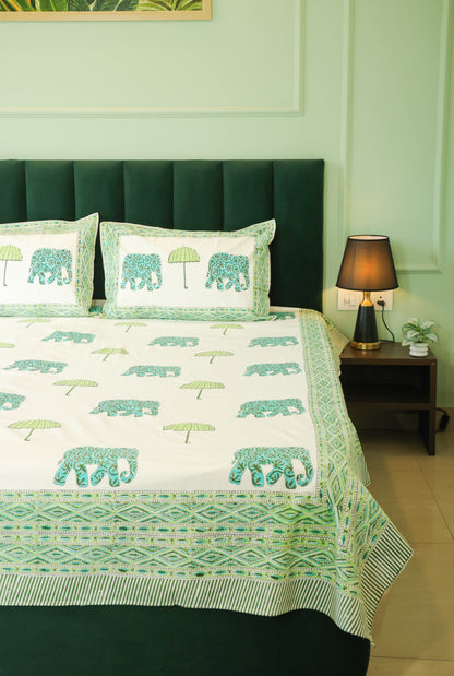 Green Elephant & Tree Hand Block Print Double Bedsheet – 90 × 108 Inches | The Thread Saga