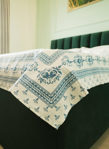 Blue Floral Buta Screen Print Cotton Double Bedsheet – 90 × 108 Inches | The Thread Saga