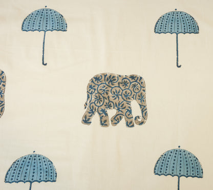 Blue Elephant & Umbrella Hand Block Print Double Bedsheet – 90 × 108 Inches | The Thread Saga