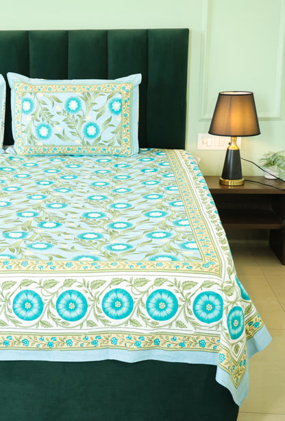Turquoise Floral Print Cotton Double Bedsheet – 90 × 108 Inches | The Thread Saga