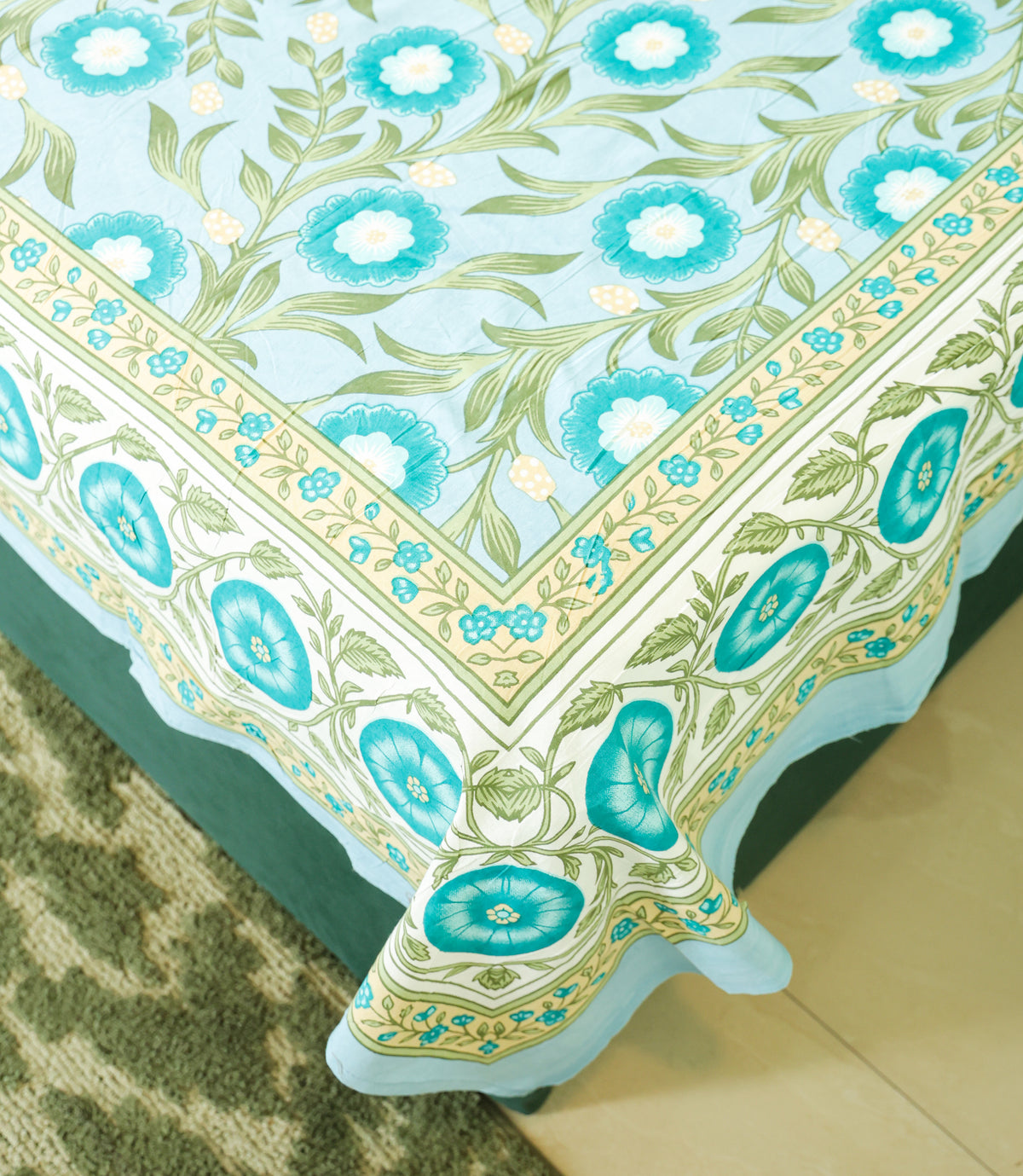Turquoise Floral Print Cotton Double Bedsheet – 90 × 108 Inches | The Thread Saga